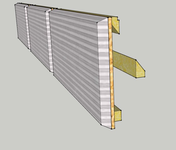3D-skiss av sänggavel med markerade kanter där skumgummi möter OSB-skiva.