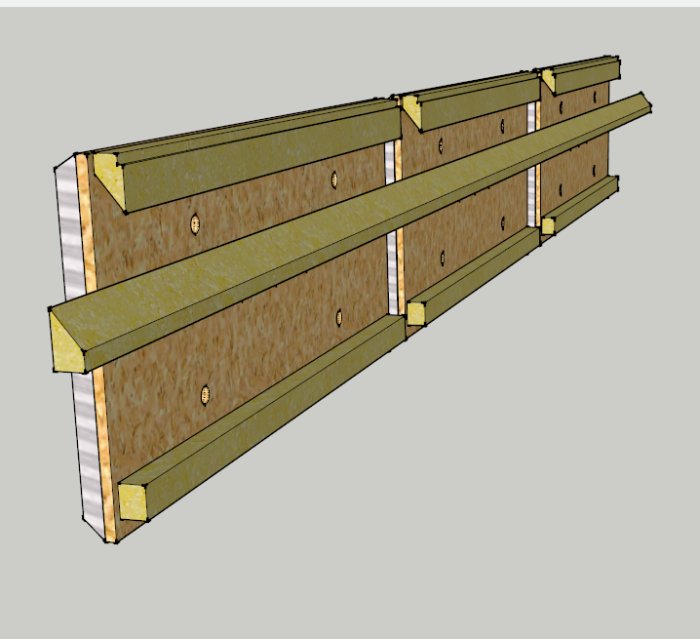 3D-modell av en obehandlad träkonstruktion för sänggavel, synlig OSB och gula skummärken där skumgummi kan placeras.
