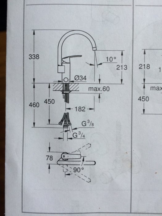 Teknisk ritning av köksblandare med måttangivelser och G3/8-anslutningar.