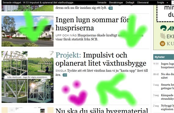 Webbsida för byggprojekt med rubriker, text och gröna tumme upp-ikoner.