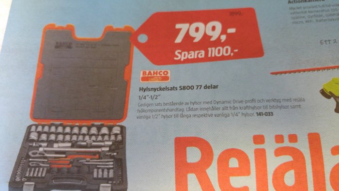 Reklamblad visar en Bahco hylsnyckelsats S800 med 77 delar på rea för 799 kronor, rabatt 1100 kronor.