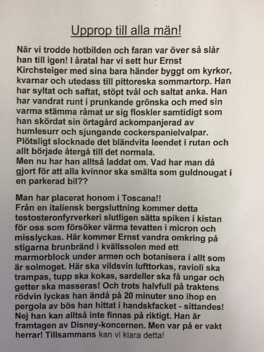 Bild av en text som är en satirisk artikel titulerad "Upprop till alla män!", handlar om fiktiva bedrifter.