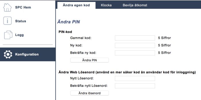 Skärmdump av gränssnitt för att ändra PIN och webblösenord i en säkerhetsapplikation.