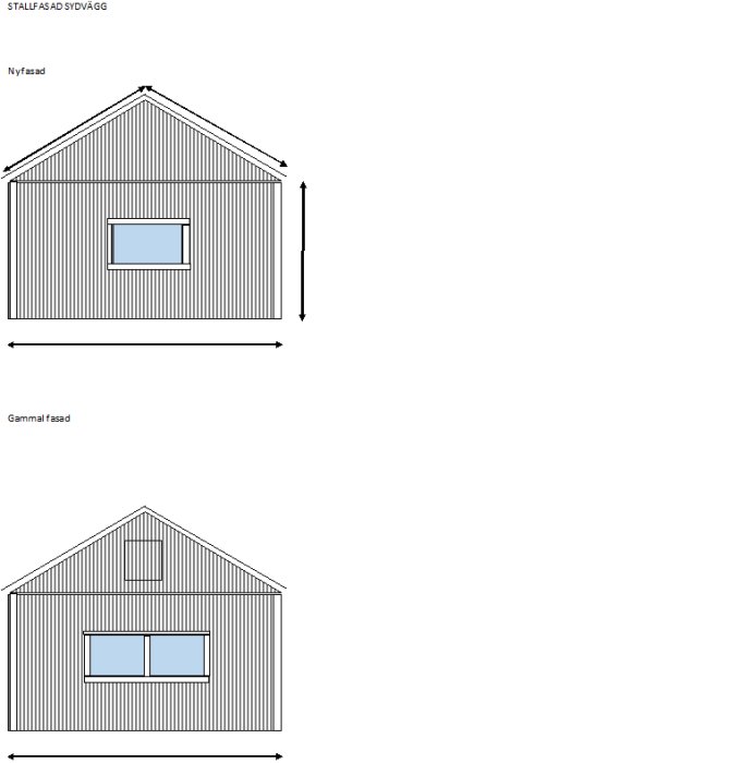 Ritningar som visar en stallfasad före och efter renovering, den övre med ett nytt fönster, den undre med två gamla fönster.
