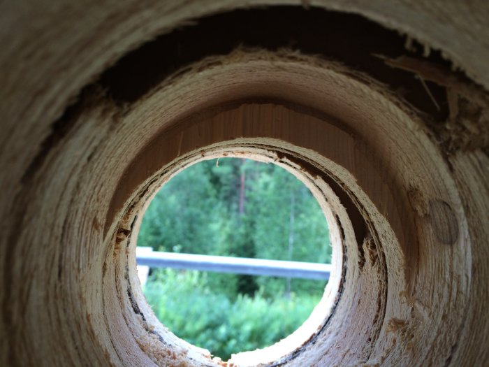 Vy genom ett snett borrat hål i trävägg med utsikt över träd och ett stängsel.