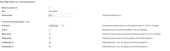 Skärmdump av konfigurationsinställningar för ett manöverpanel med alternativ för larm och tillkoppling.