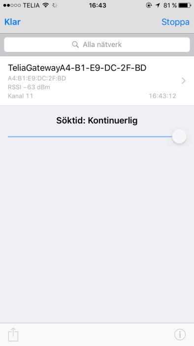 Skärmdump av AirPort app på iPhone som visar Wi-Fi-nät sökning och RSSI värde för ett nätverk.