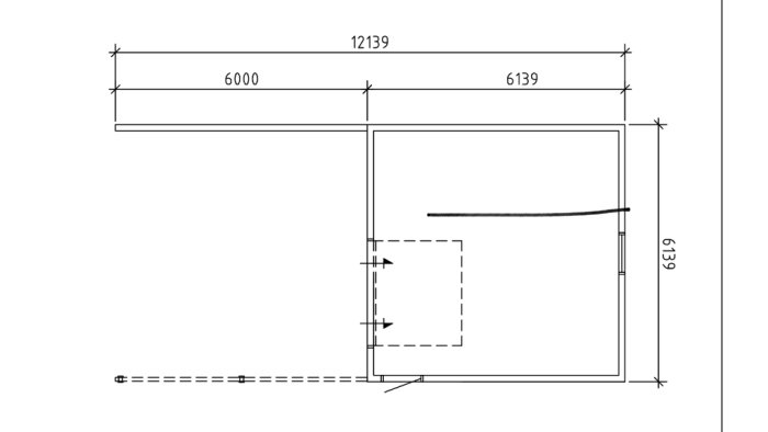 Ritning av garage med måttangivelser, uppdelat i två sektioner, med en markerad vägg och planerad ventilationspunkt.