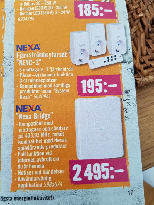 Annonssida från Hornbach som visar ett Nexa fjärrströmbrytarset "NEYC-3" med priset 195 kronor.