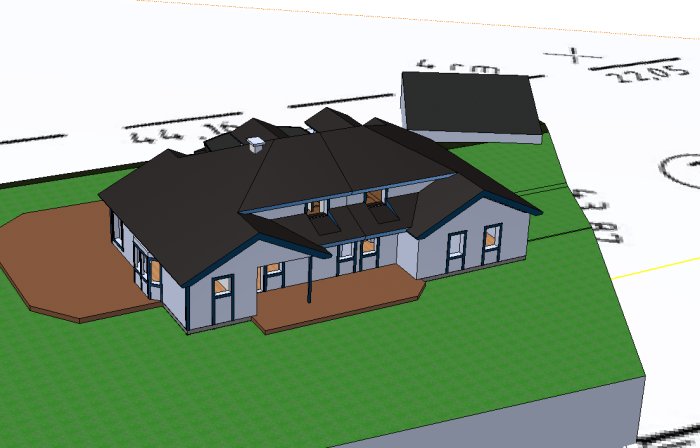 3D-skiss av hus med tillbyggnad och omkringliggande terräng.