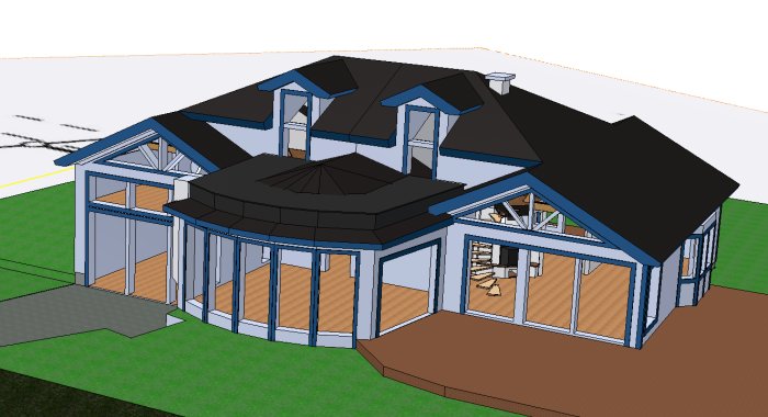3D-renderad skiss av ett hus med två våningar och terrass.