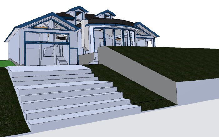 Schematisk 3D-skiss av tilltänkt husbygge med två våningar, stor trapp och gräslänt.