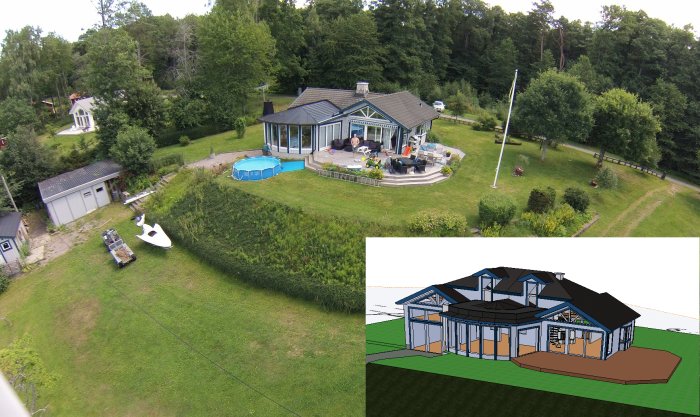 Luftbild av ett hus med pool och trädgård samt en skiss av en planerad tillbyggnad.