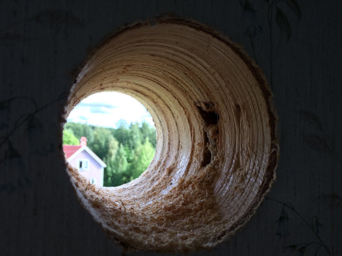 Utsikt genom ett nyligen borrat hål i en trävägg med utsikt över ett hus och träd.