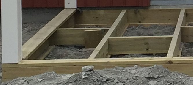 Bild av regelverk för uterum med synliga bärlinor och reglar monterade på en grusgrund.