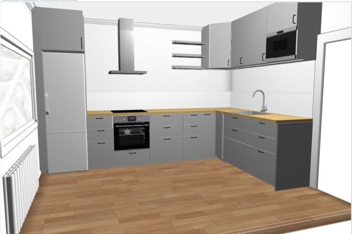 Planeringsfas av ett kök med gråa skåpluckor och träfärgat golv i en digital rendering.