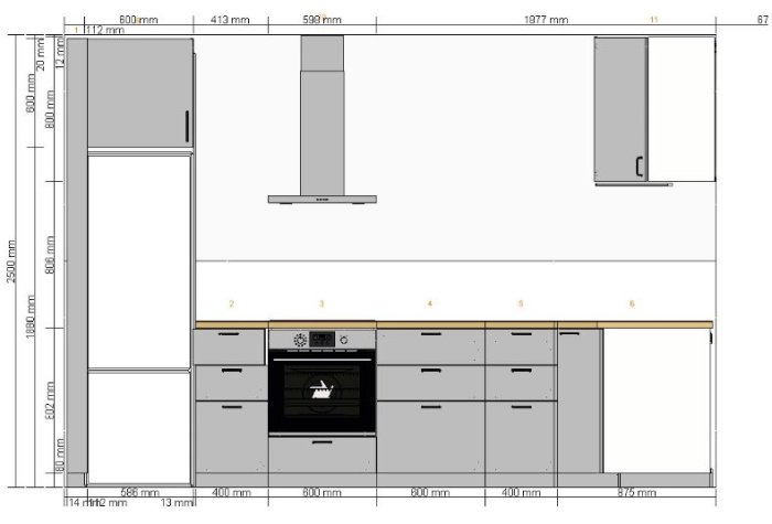 Ritning av kökslayout i planeringsstadiet med måttangivelser och inbyggda apparater.