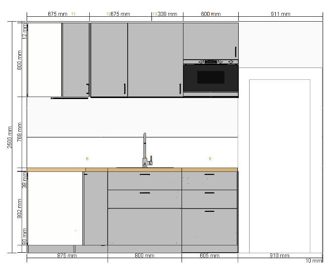Ritning av ett planerat kök i gråtoner med överskåp, inbyggd ugn och diskho, inklusive måttangivelser.