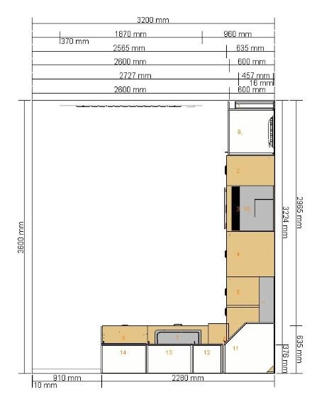 Ritning av en kökslayout i planeringsstadiet med markerade mått och placering av köksskåp, arbetsytor och apparater.