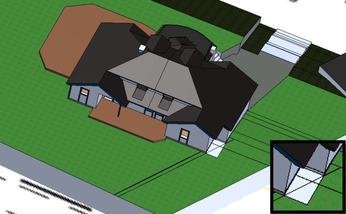 3D-modell av ett hus i en trädgård med markeringar för bygggränser.