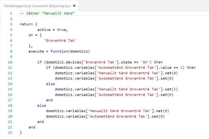 Skärmdump av ett script för belysningsstyrning betitlat 'Tändningsprincip Groventré Belysning.lua'.