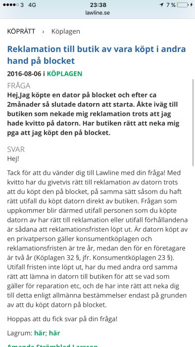 Skärmdump av en diskussion om reklamationsrätt för en begagnad dator köpt via Blocket.