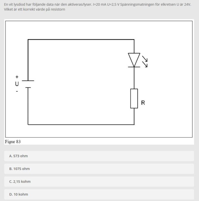 Schematisk bild av en elektrisk krets med en lysdiod, variabel spänning (U) och resistor (R).