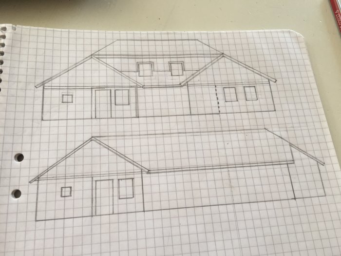 Handritade skisser av två husdesignalternativ på rutat papper.