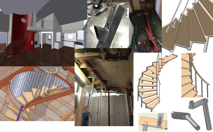 Kollage av vindeltrappas konstruktionsprocess inklusive 3D-modell, delar och montage.