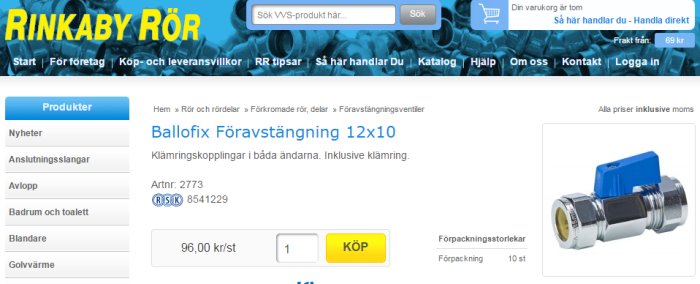 Ballofix föravstängningsventil webbsideskärmdump med produktinformation och köpknapp.