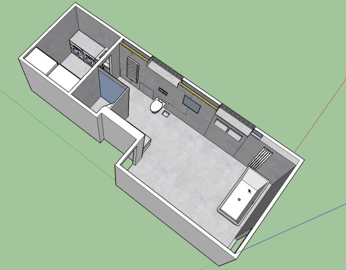 3D-skiss av en planerad renovering av en tvättstuga i källaren, med tvättmaskiner, vask och arbetsbänk.