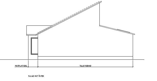 Linjeteckning av husfasad med markeringar för mått och tillbyggnad, orienterad mot öster.