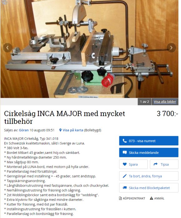 Cirkelsåg INCA MAJOR och dess tillbehör visas på en arbetsbänk.