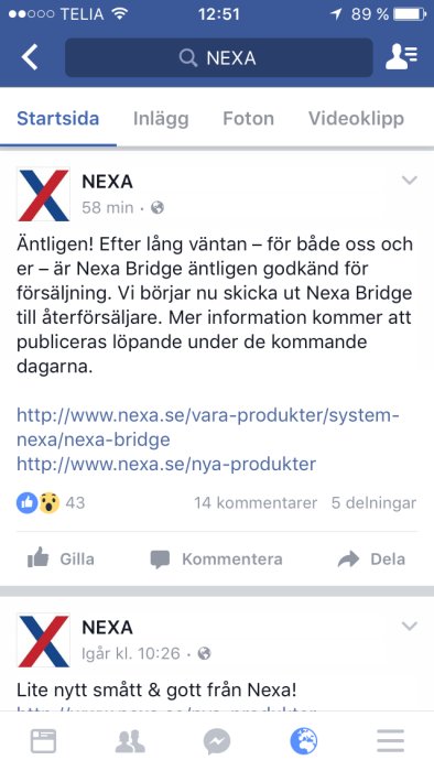 Skärmavbild av sociala medier inlägg om Nexa Bridge godkännande för försäljning med länkar.