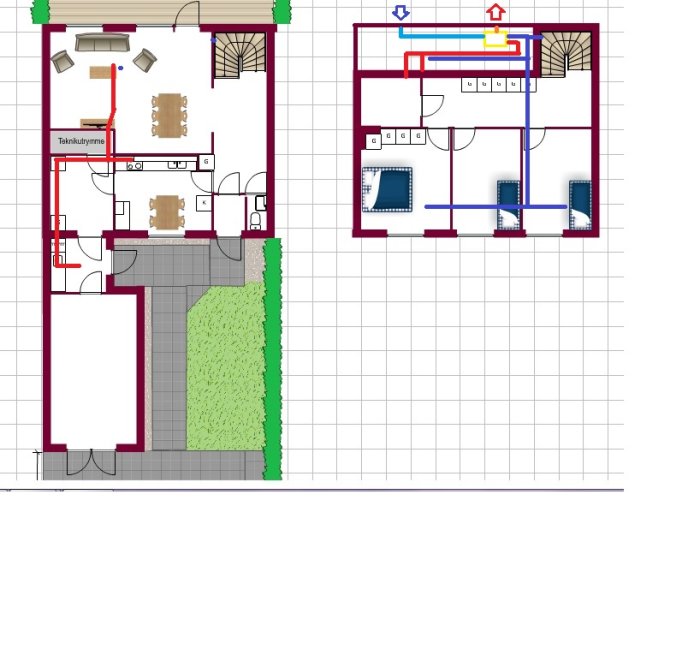 Ritning av ett hus där placering av ventilation på kattvinden visas, med markerade rördragningar och ventiler.