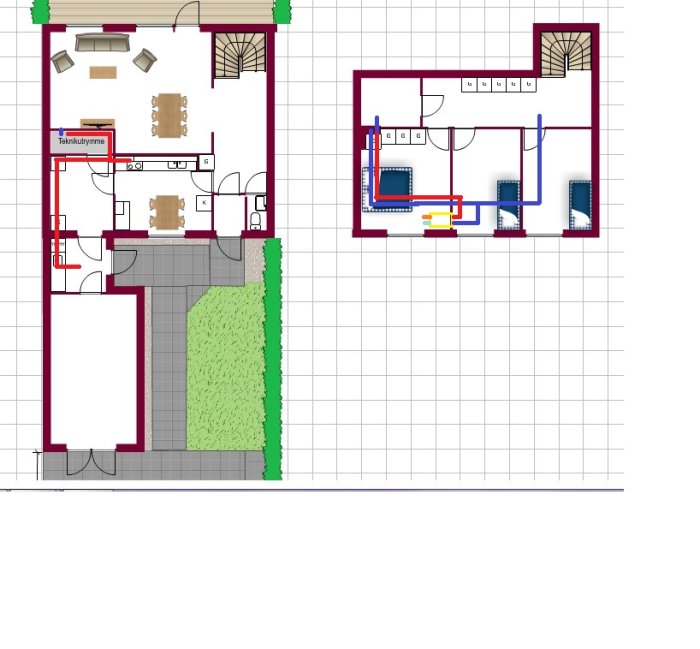 Planritning av en våning med markerade ventilationssystem och möjlig placering av en enhet i ett teknikrum.