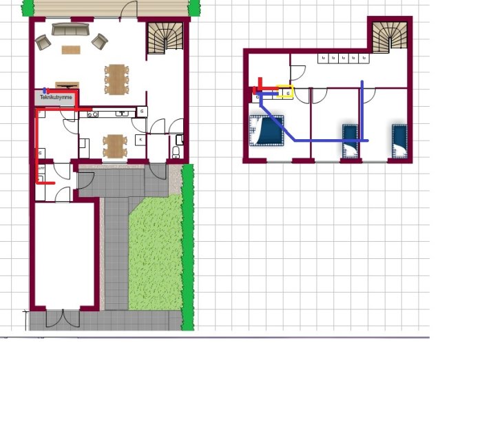 Ritad planlösning av ett hus med markerade rördragningar och möbler, inklusive avluftning och expansionskärl.