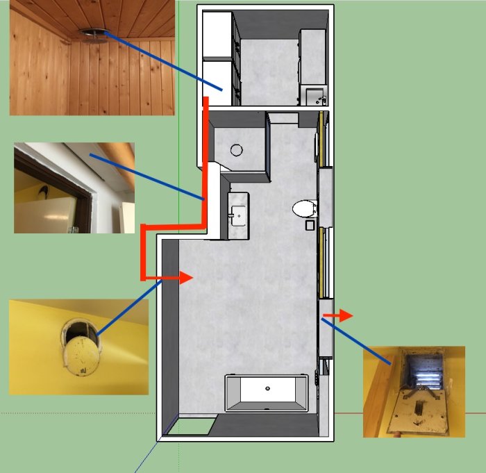 Skiss av badrum med nuvarande och planerad ventilationsväg markerad med röda och blå linjer samt foton på befintliga ventiler.