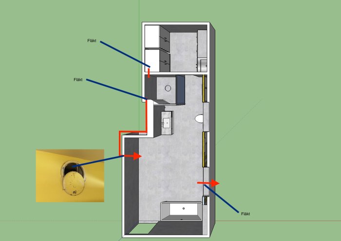 Skiss av badrumsplan med nuvarande (röd linje) och tänkt (blå linje) ventilationsväg.