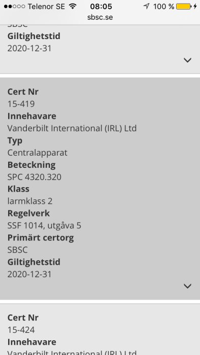 Skärmavbild av certifikatsida med uppgifter om innehavare, certifikatnummer, typ och giltighetstid.