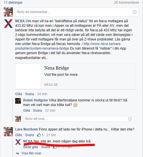 Skärmdump från ett diskussionsforum med kommentarer om en Nexa mottagare och tillhörande app.