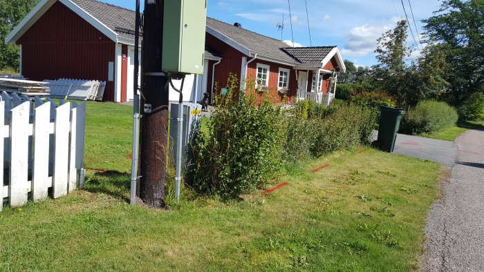 Markeringar på gräsmatta nära buskar vid sidan av en elstolpe, indikerande underjordiska ledningar vid ett hus.