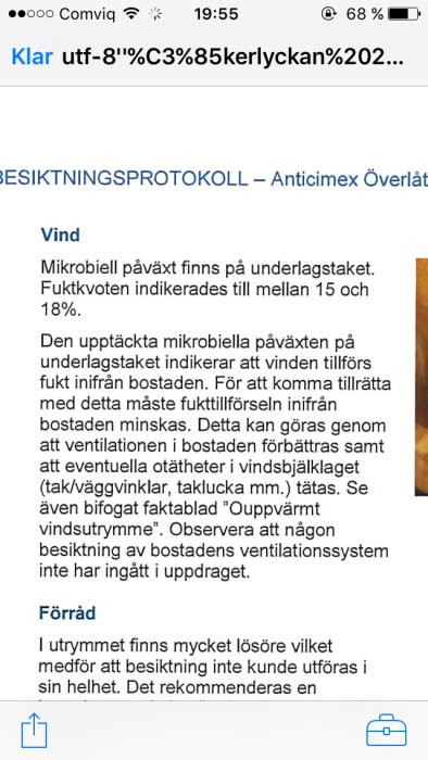 Skärmbild av besiktningsprotokoll med kommentarer om mikrobiell påväxt och fukt i en vind.