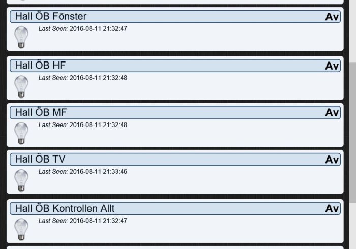 Användargränssnitt för hemautomation som visar status för olika enheter såsom lampor och fjärrkontroller.