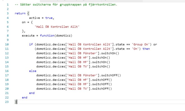 En skärmdump av ett LUA-skript för att hantera gruppswitchar i ett hemautomationssystem.