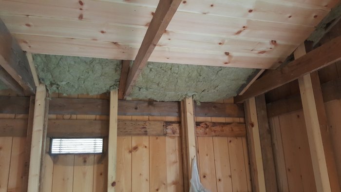 Interiör av en gäststuga under renovering med isolerat tak och oisolerade träväggar samt en liten fönsterventil.