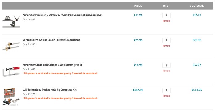 Skärmdump av en webbshopkundvagn med Axminster kombinationsvinkelset, Veritas mikrojusteringsmått, skenklämmor och fickhålsjigg.