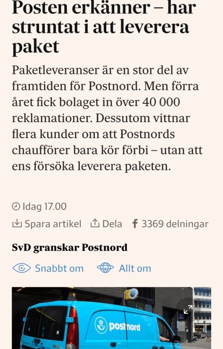 Skärmdump av en nyhetsartikel med text och en Postnord-leveransbil.