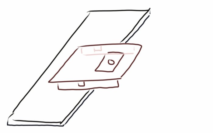 Handritad skiss av ett minimalt fräsbord fäst på en arbetsbänk, med urtag för tvingar.