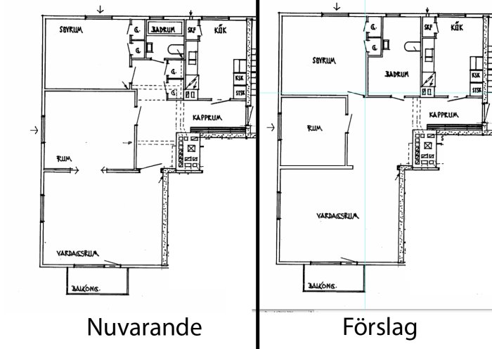 Jämförelse av nuvarande och föreslagen planlösning för en lägenhet, med markerade ompositionerade väggar och dörrar.